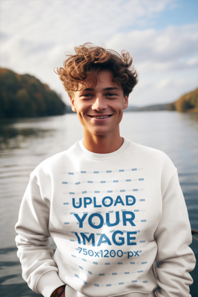 Sweatshirt Mockup of an AI-Created Man Standing in Front of a Lake