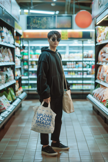 AI-Created Mockup of a Man Inspired by K-Drama Carrying Tote Bags in a Supermarket