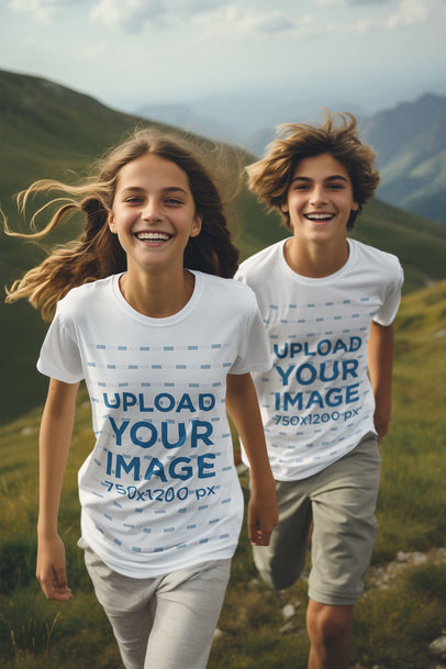 AI-Created T-Shirt Mockup of a Boy and a Girl Walking Through a Filed  m37788