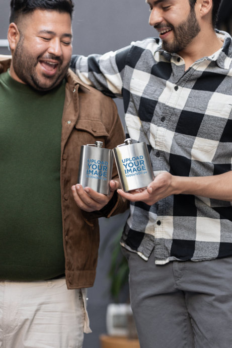Mockup of Two Happy Men Holding Flasks in a Bachelor Party
