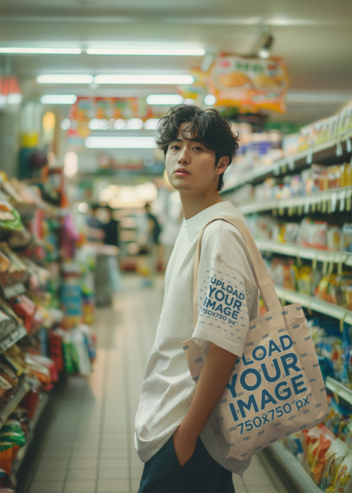 Mockup of an AI-Created Man Wearing a T-Shirt and Carrying a Tote Bag in a Supermarket