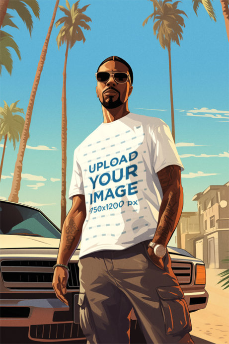 Illustrated Mockup of a Man Inspired by GTA Wearing a T-Shirt and a Gold Chain