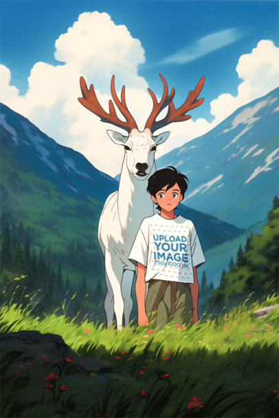 Illustrated Mockup of a Kid Wearing a T-Shirt Next to a Deer