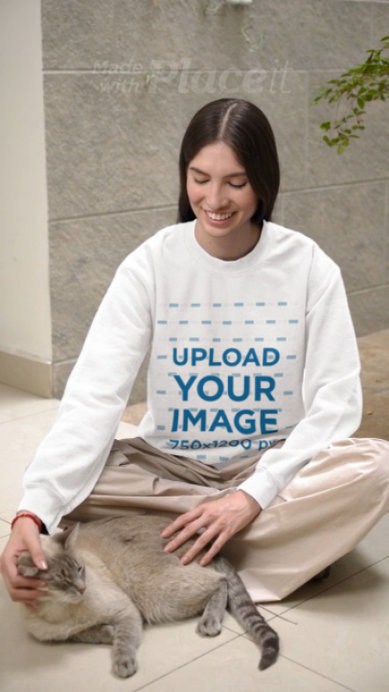 Gildan Sweatshirt Video of a Smiling Woman Petting a Cute Cat