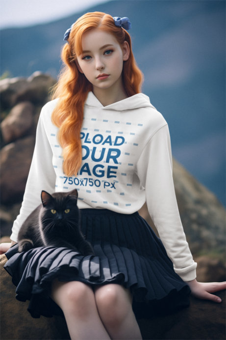 Hoodie Mockup of an AI-Generated Woman Posing With a Cat in a Ghibli-Inspired Setting