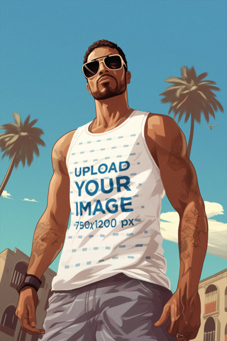 Mockup of an Illustrated Man Inspired by Grand Theft Auto Wearing a Tank Top 
