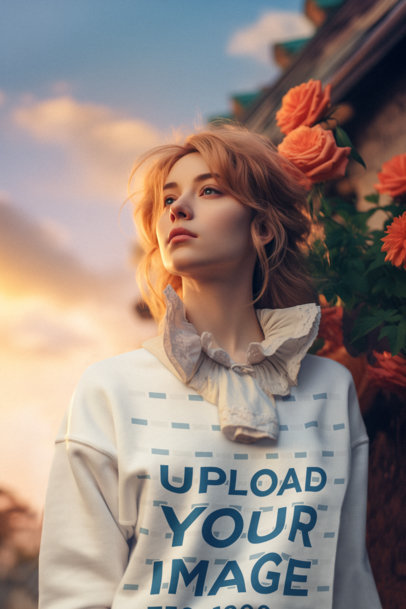 Sweatshirt Mockup of an AI-Generated Woman Posing Against a Rose Bush Inspired by Ghibli