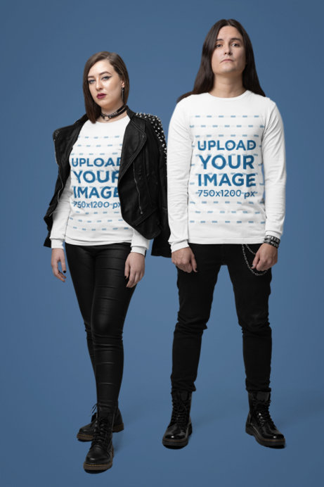Bella Canvas Long Sleeve Tee Mockup of a Couple Wearing Metalhead-Inspired Looks