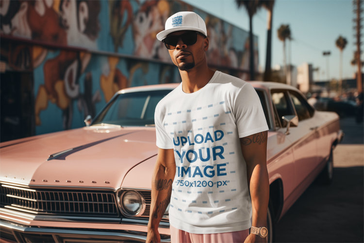 GTA-Inspired Mockup of a Man with a Goatee-Style Beard Wearing a T-Shirt and a Hat
