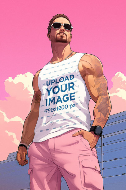 GTA-Inspired Mockup of an Illustrated Muscular Man with Tattoos Wearing a Tank Top