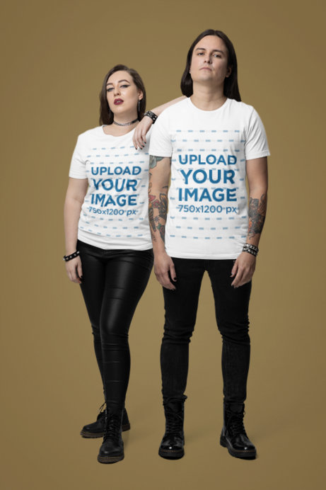Mockup of a Tattooed Man and a Woman in Rocker Outfits Wearing Bella Canvas T-Shirts