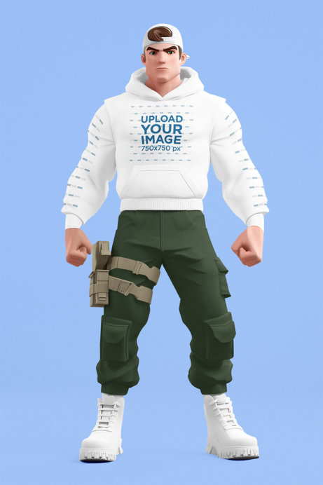 3D Mockup Featuring a Man Inspired by Fortnite Wearing a Pullover Hoodie