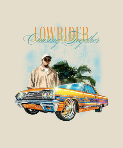 T-Shirt Design Template with a Lowrider Automobile with a Chicano Character