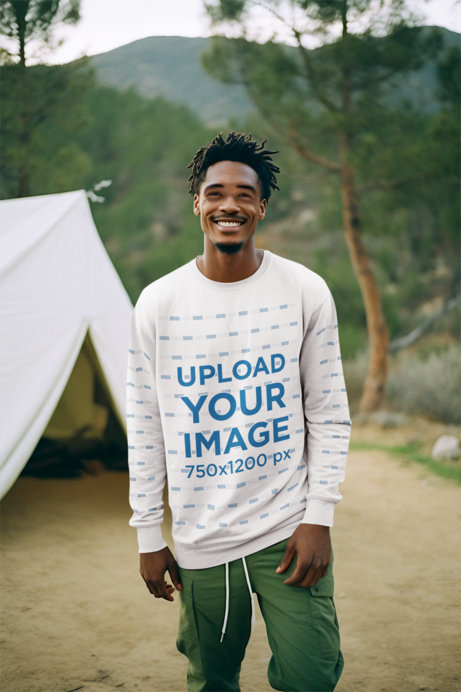 Mockup of a Smiling Man Wearing a Round-Neck Sweatshirt at a Campsite
