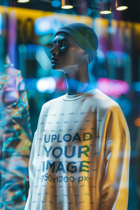 AI-Created Mockup of a Mannequin Wearing a Sweatshirt in a Window Display
