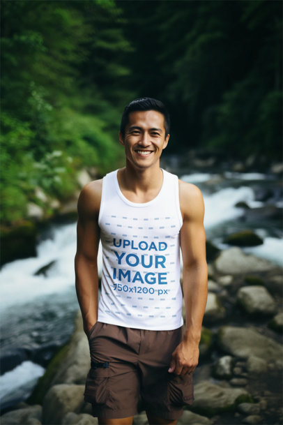 AI-Created Mockup of a Man Wearing a Tank Top in Front of a Small River