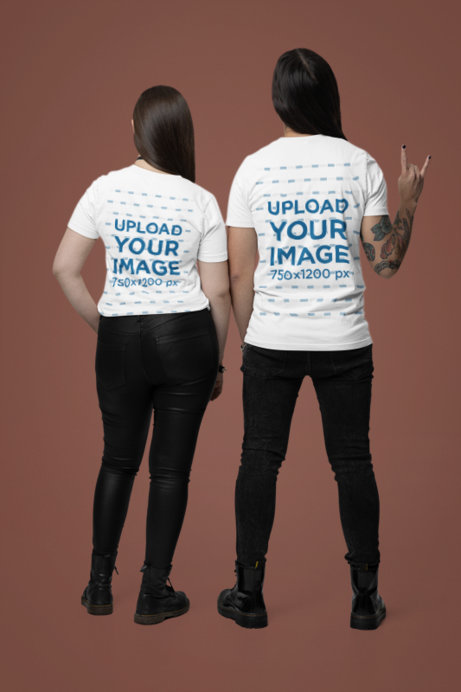 Back-View Bella Canvas T-Shirt Mockup of a Man and Woman With Metalhead-Inspired Outfits