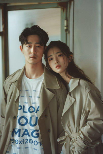 T-Shirt Mockup Featuring a K-Drama-Inspired Man Standing Next to a Woman 