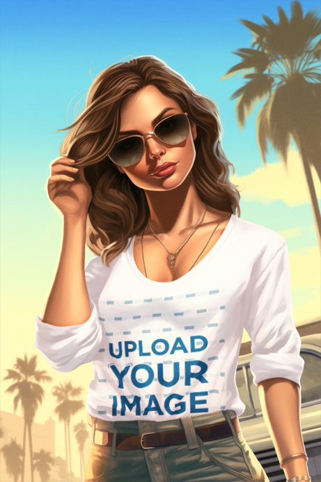 Mockup of an Illustrated Woman Inspired by Grand Theft Auto Wearing a V-Neck Long-Sleeve Tee 