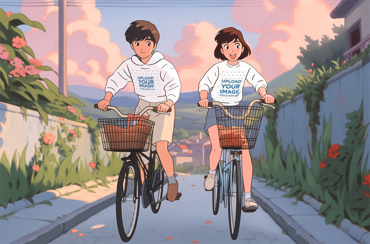Hoodie and Sweatshirt Mockup of an AI-Created Couple Illustration Riding Bikes in a Ghibli-Inspired Setting