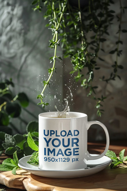 Mockup of an AI-Created Mug with Splashing Water Featuring Mint Leaves m38430