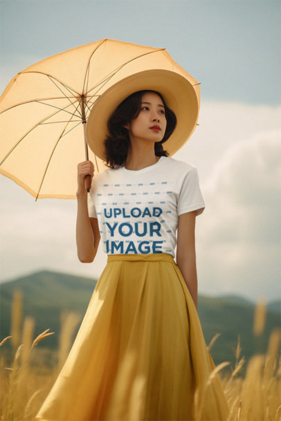 Ghibli-Inspired Mockup of an AI-Generated Woman Wearing a T-Shirt and Holding an Umbrella