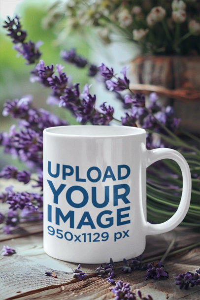 Mockup of an AI-Generated Coffee Mug Placed by Lavender Flowers