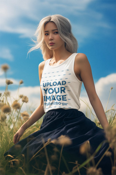 AI-Generated Mockup Featuring a Woman Wearing a Tank Top in an Outdoor Field