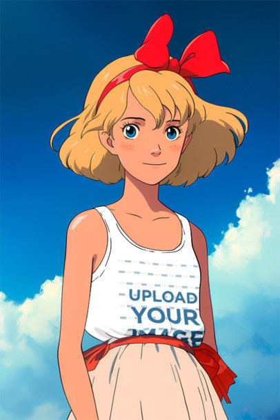 Anime Mockup of an AI-Created Teenage Girl Wearing a Tank Top and a Red Ribbon