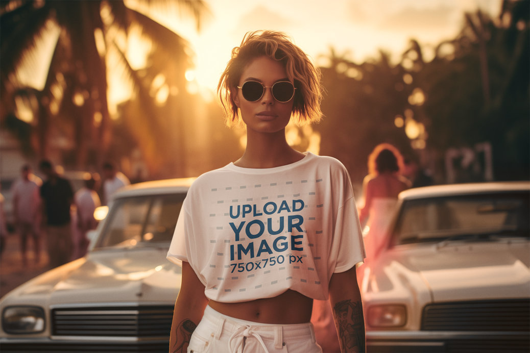 GTA-Inspired Mockup of a Woman Wearing a Crop Top in Front of Classic Cars