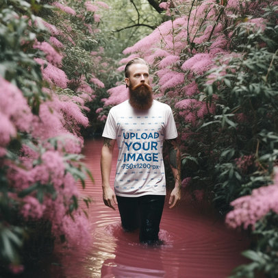 Round-Neck T-Shirt Mockup Featuring an AI-Created Man Walking in a Pink River