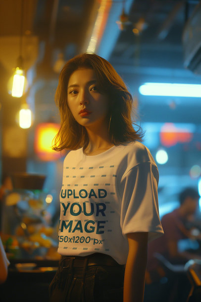 Mockup of an AI-Created Woman Wearing a T-Shirt with a Round-Neck in a Restaurant