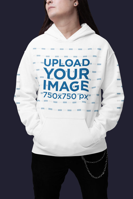 Gildan Pullover Hoodie Mockup of a Man with Long Hair Standing in a Studio