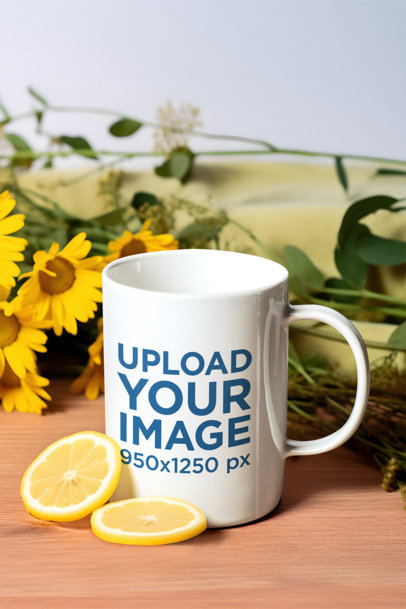 AI-Generated Mockup Featuring an 11 oz Mug Placed in Front of Sunflowers
