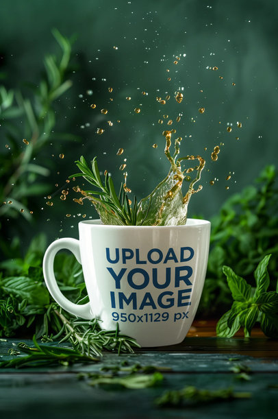 AI-Created Mockup of a Mug with Splashing Coffee Surrounded by Mint Leaves m38423