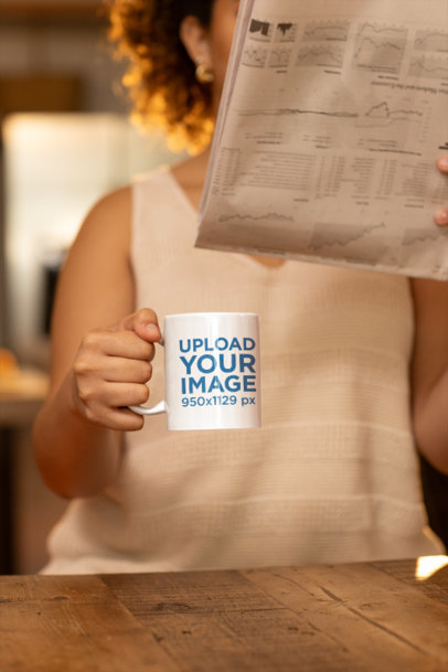 Coffee Mug Mockup Featuring a Woman Reading a Newspaper