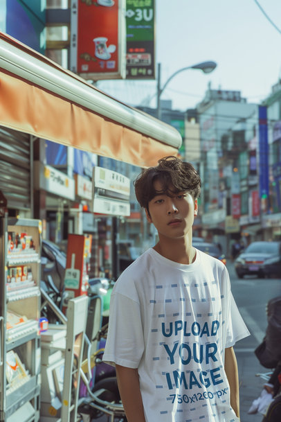 K-Drama-Inspired Mockup of a Man Wearing an Oversized T-Shirt on the Street