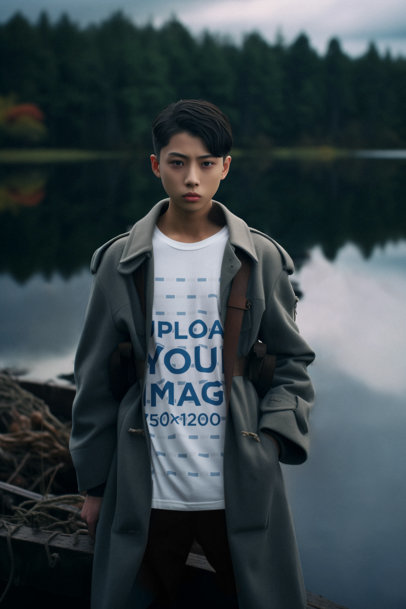 T-Shirt Mockup of an AI-Generated Teenage Boy in a Ghibli-Inspired Setting