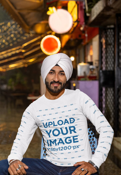 Bella Canvas Long Sleeve T-Shirt Mockup of a Smiling Man Wearing a Turban m38607