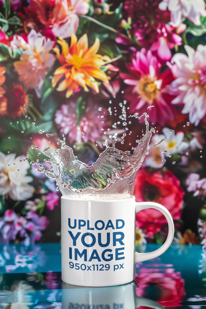 AI-Created Mockup Featuring a Coffee Mug with Splashing Water and Flowers