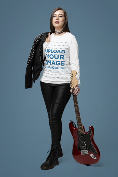Long-Sleeve Tee Mockup of a Serious Woman With a Metalhead Style Holding a Guitar m38144