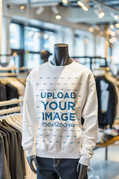 Sweatshirt Mockup of an AI-Created Mannequin Standing in a Clothing Boutique
