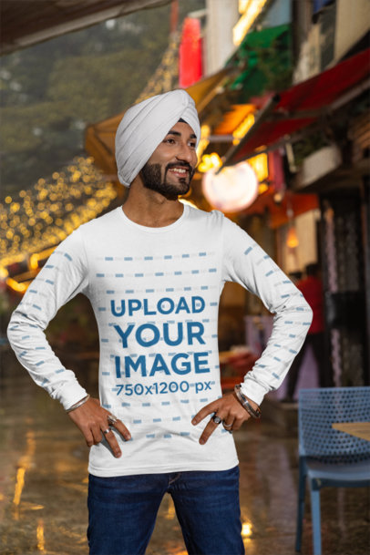 Bella Canvas Long-Sleeve Tee of a Happy Man With a Turban Posing by a Food District m38609