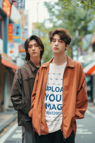 K-Drama-Inspired Mockup of an AI-Created Man Wearing a T-Shirt and Posing With a Friend