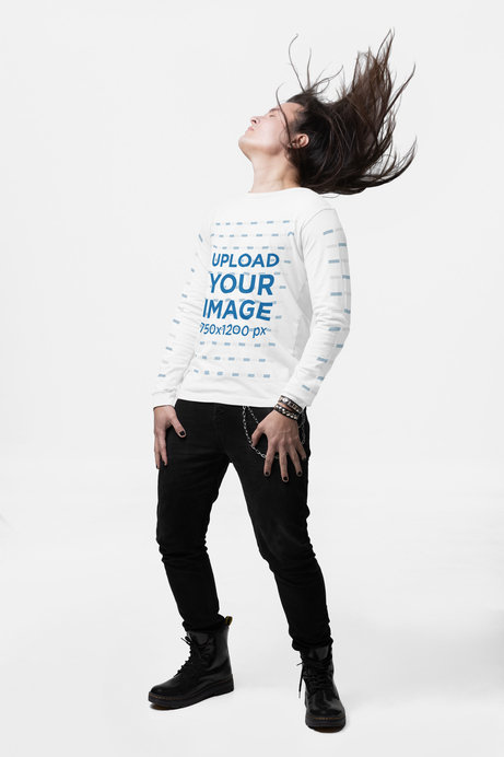 Bella Canvas Long Sleeve Tee Mockup of a Metalhead Swinging His Hair