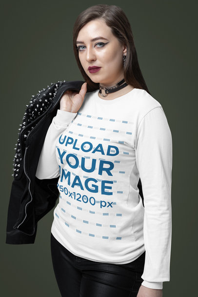 Mockup of a Woman with a Rockstar Outfit Wearing a Bella Canvas Long Sleeve Tee m38145