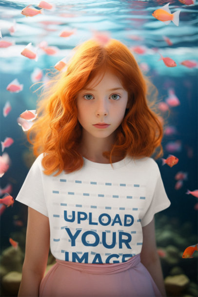 Fantasy Mockup of a Redhead Girl Wearing a T-Shirt Underwater