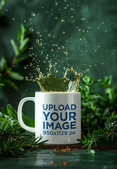 Mockup of an AI-Generated Mug with Splashing Water Placed Next to Plants m38425