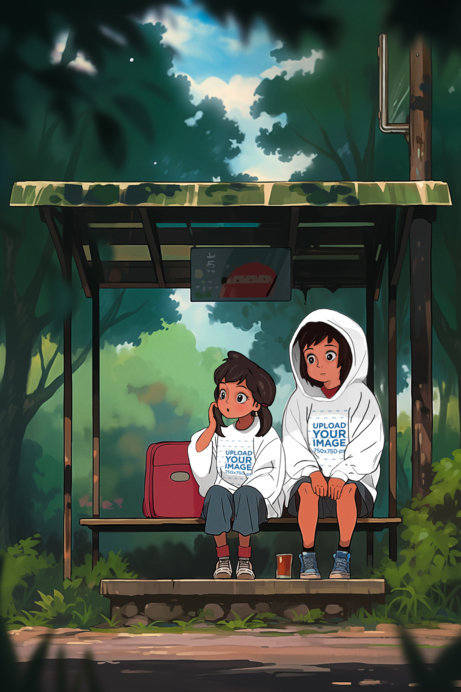 Hoodie Mockup Featuring Two AI-Created  Kids Inspired by Studio Ghibli Movies