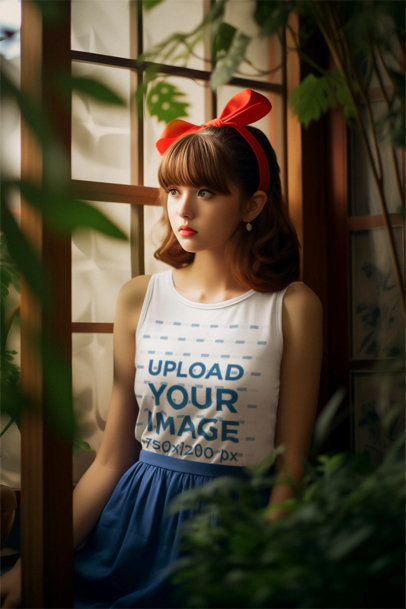 Mockup of a Woman Wearing a Big Bow on Her Head and a Tank Top by a Window m38294